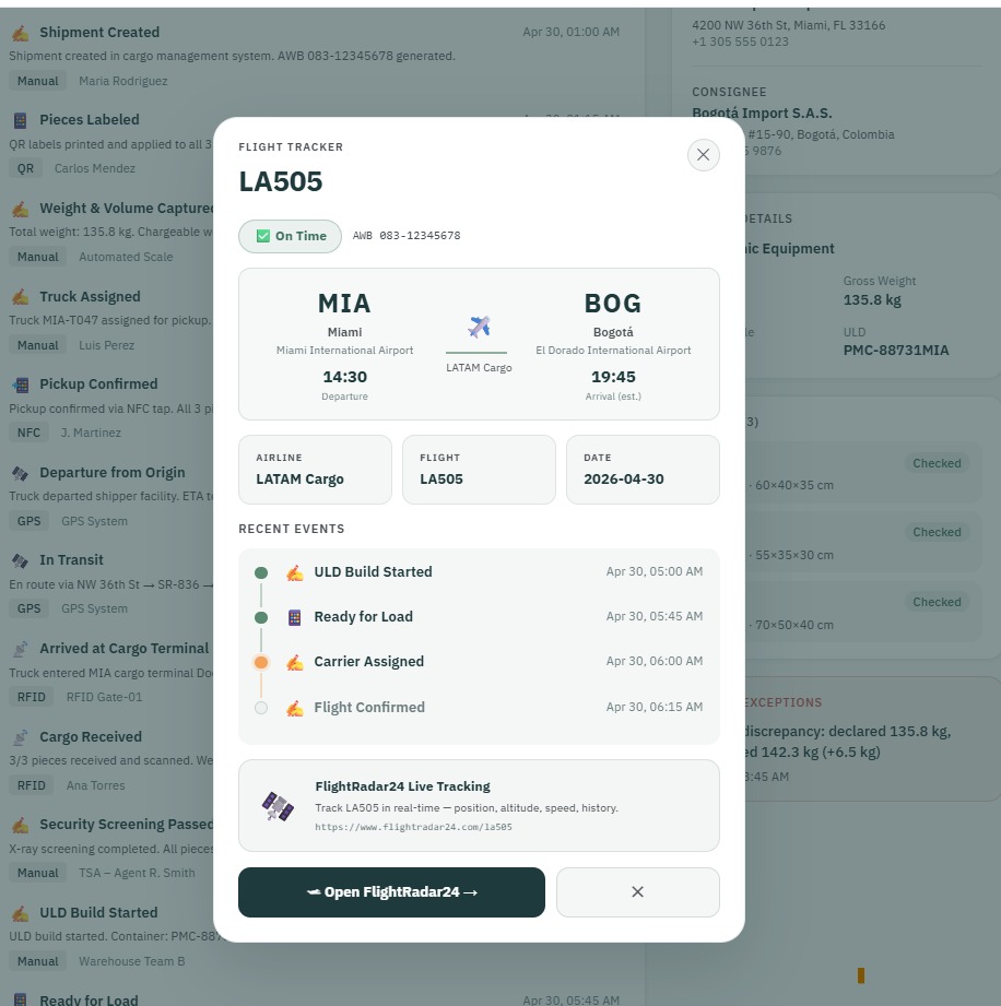 Flight Tracker modal showing flight LA505 from MIA to BOG with recent events