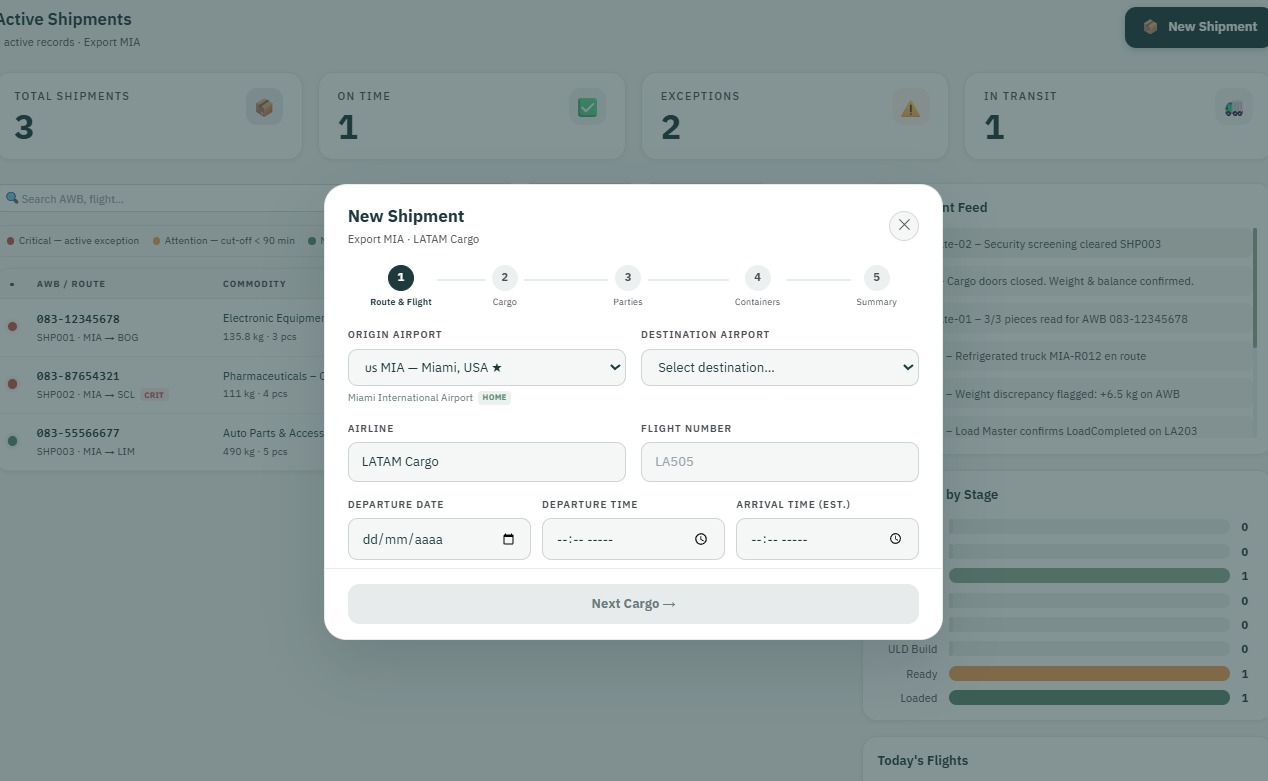 New shipment modal with guided steps: route, cargo, parties, containers, and summary
